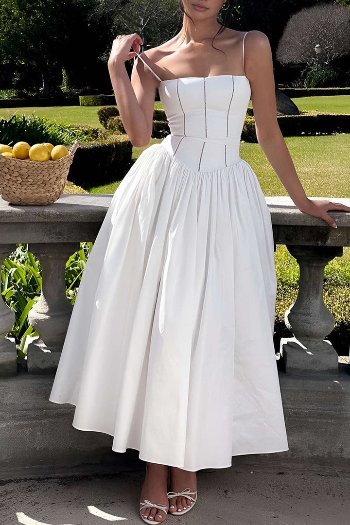 Tie A-line Spaghetti Strap Midi Dress