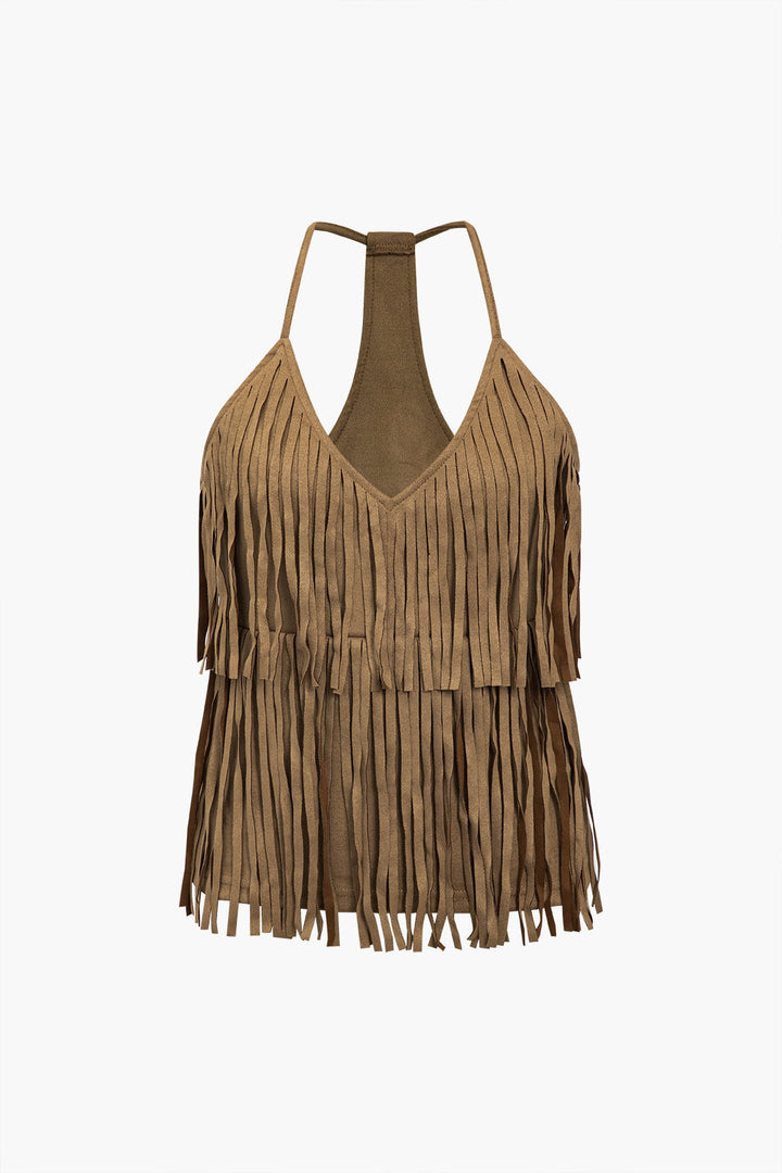 Solid Suede Fringe V-Neck Double Layer Cami Top