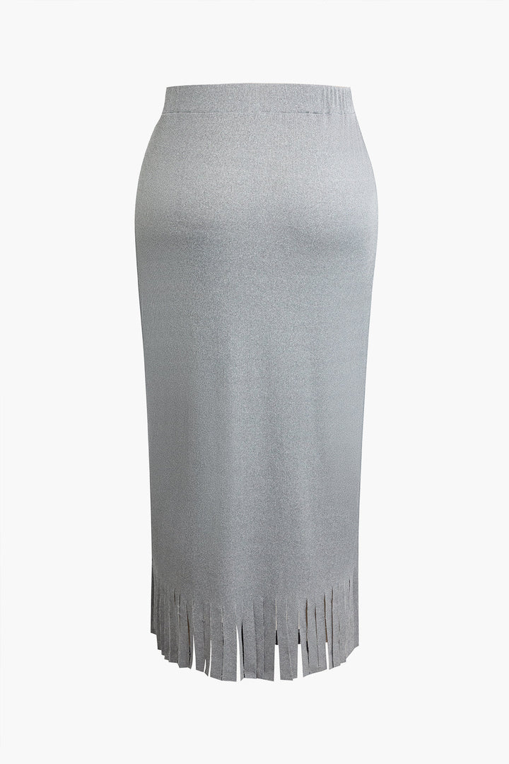 Plus Size Asymmetrical Strap Crop Top And Fringe Wrap Skirt Set