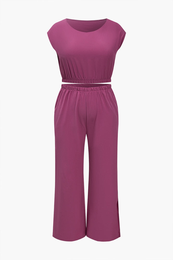 Plus Size Solid Pocket Ankle Split Trouser Set