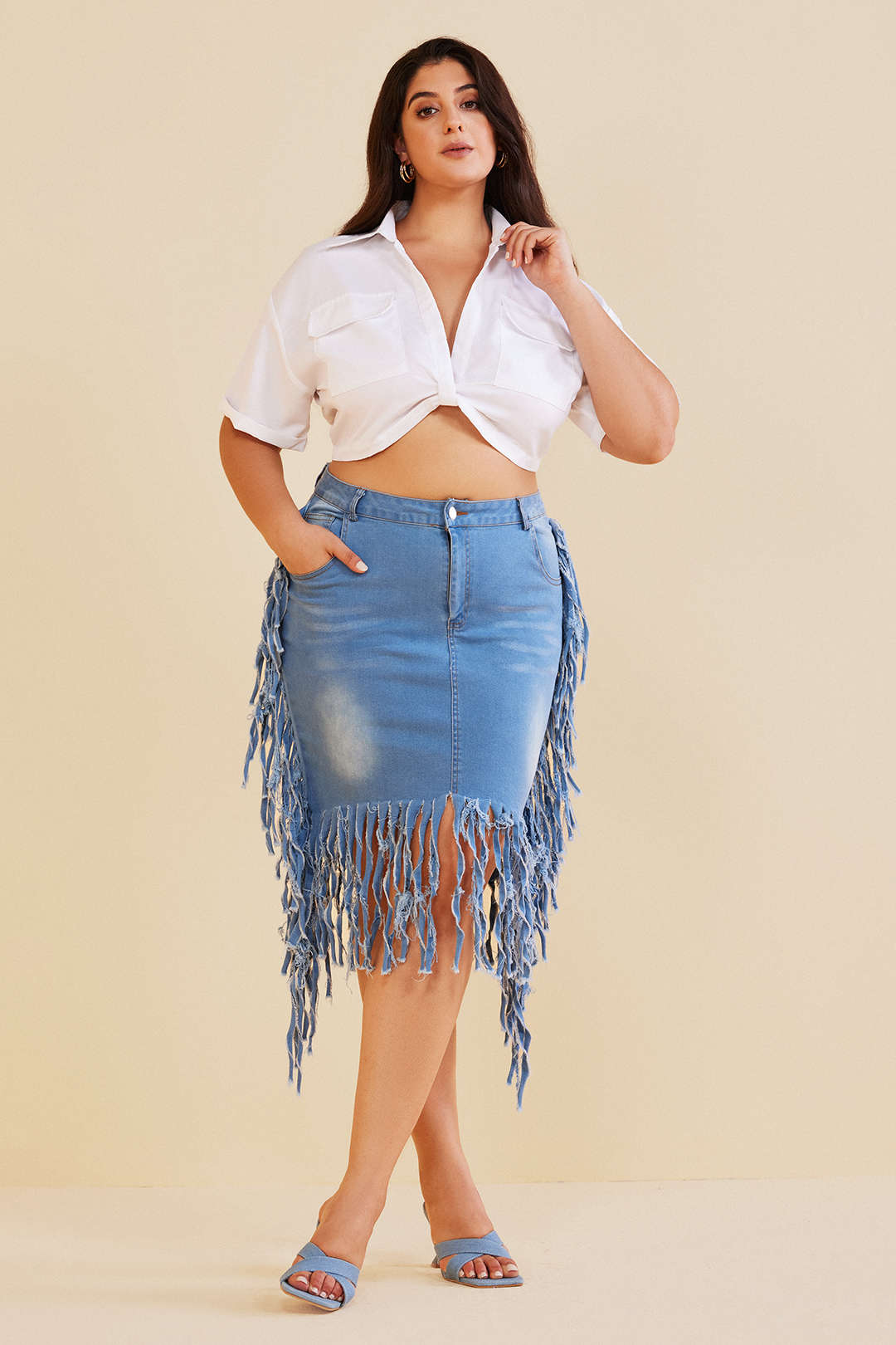 Plus Size Denim Fringe Skirt