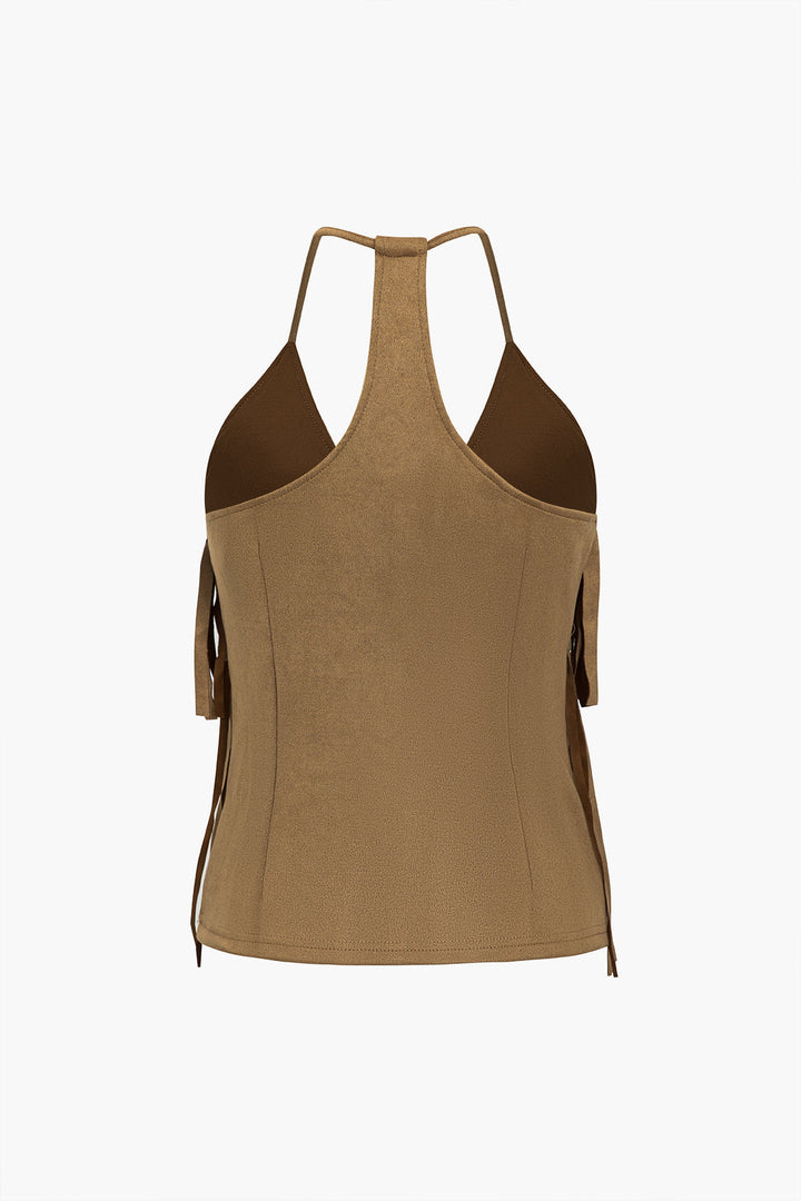 Solid Suede Fringe V-Neck Double Layer Cami Top