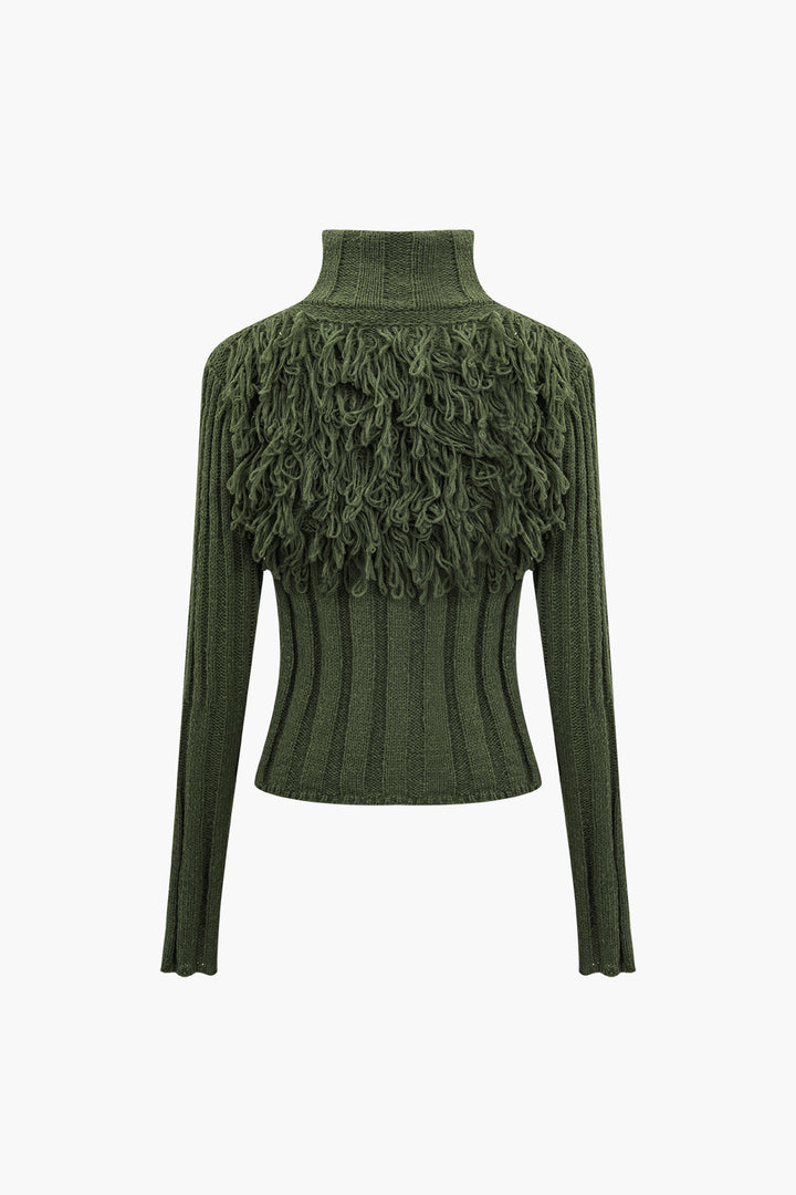 Solid Sweater Fringe Zipper Long-Sleeve Top