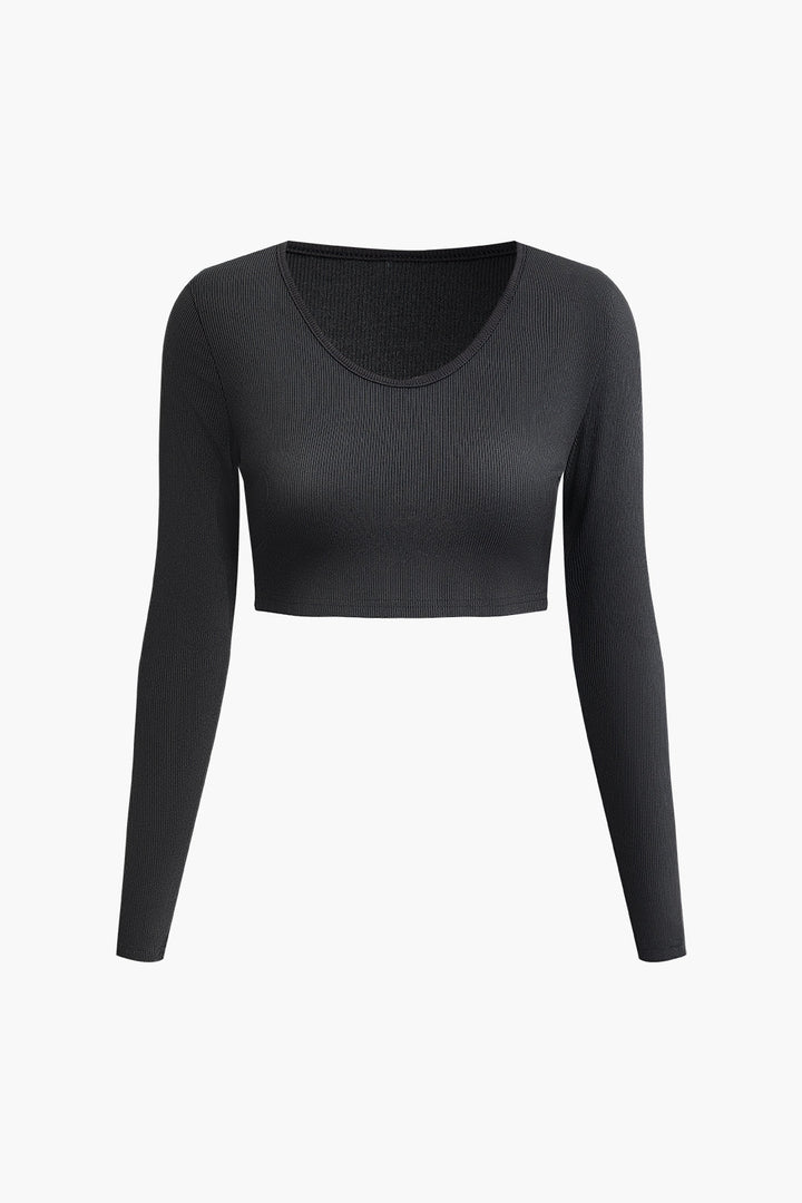 Basic Solid Knit Long Sleeve Crop Top And Split Skirt Set
