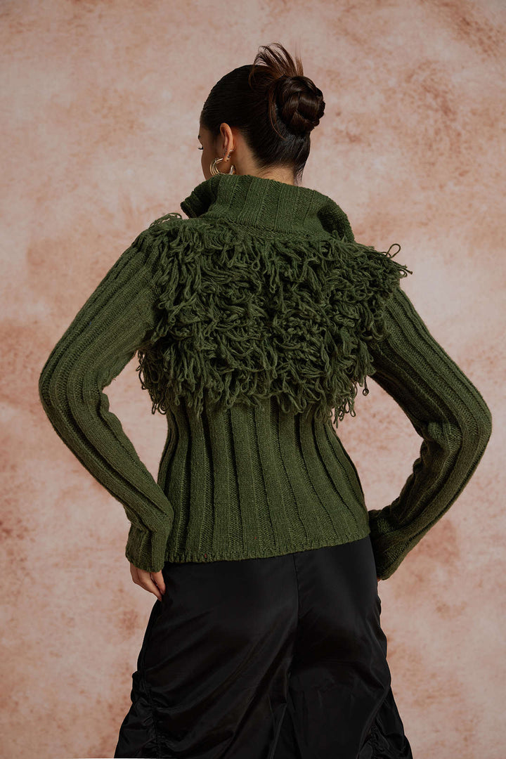Solid Sweater Fringe Zipper Long-Sleeve Top