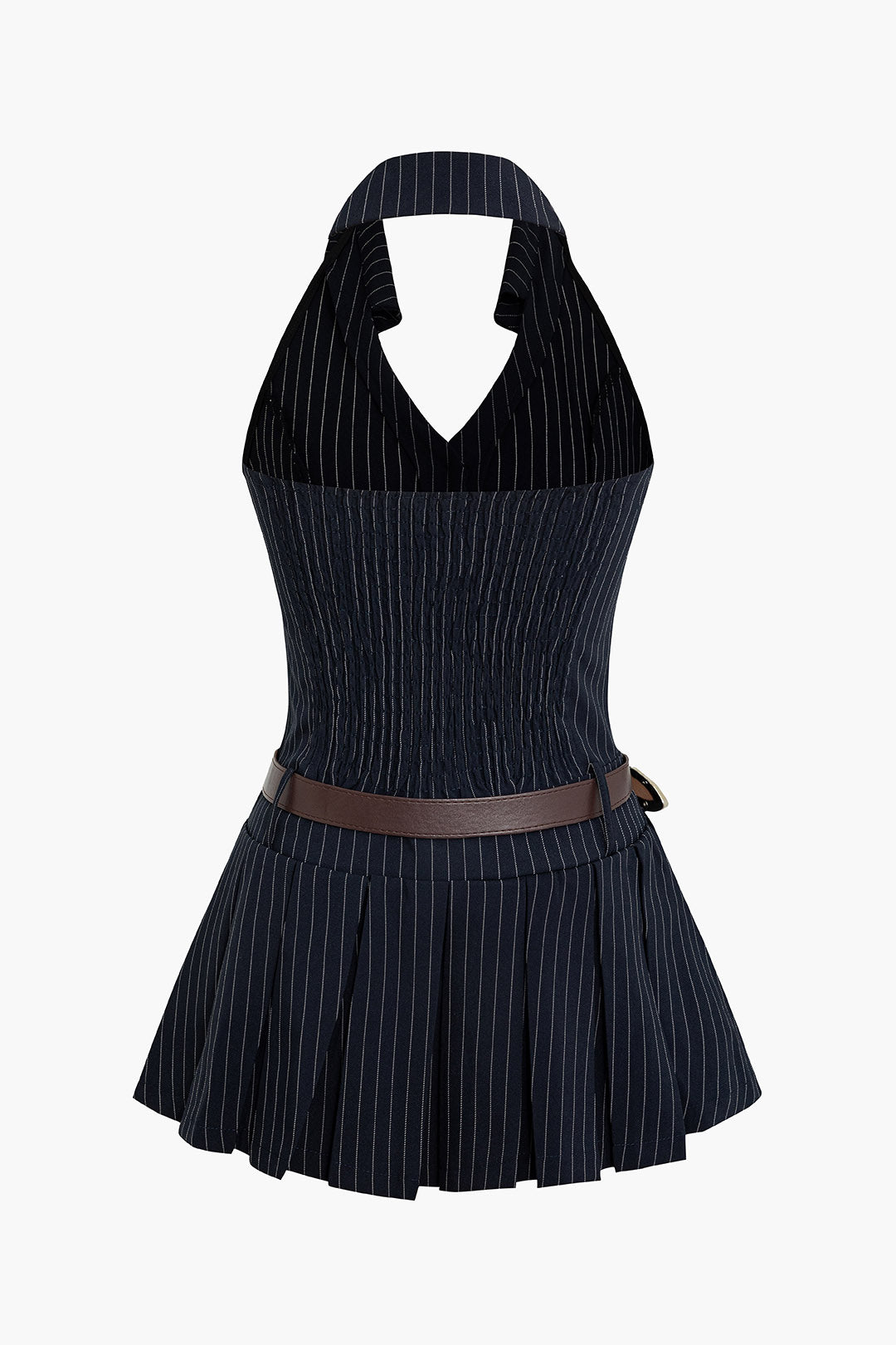 Stripe Print Pleated Belted Mini Dress