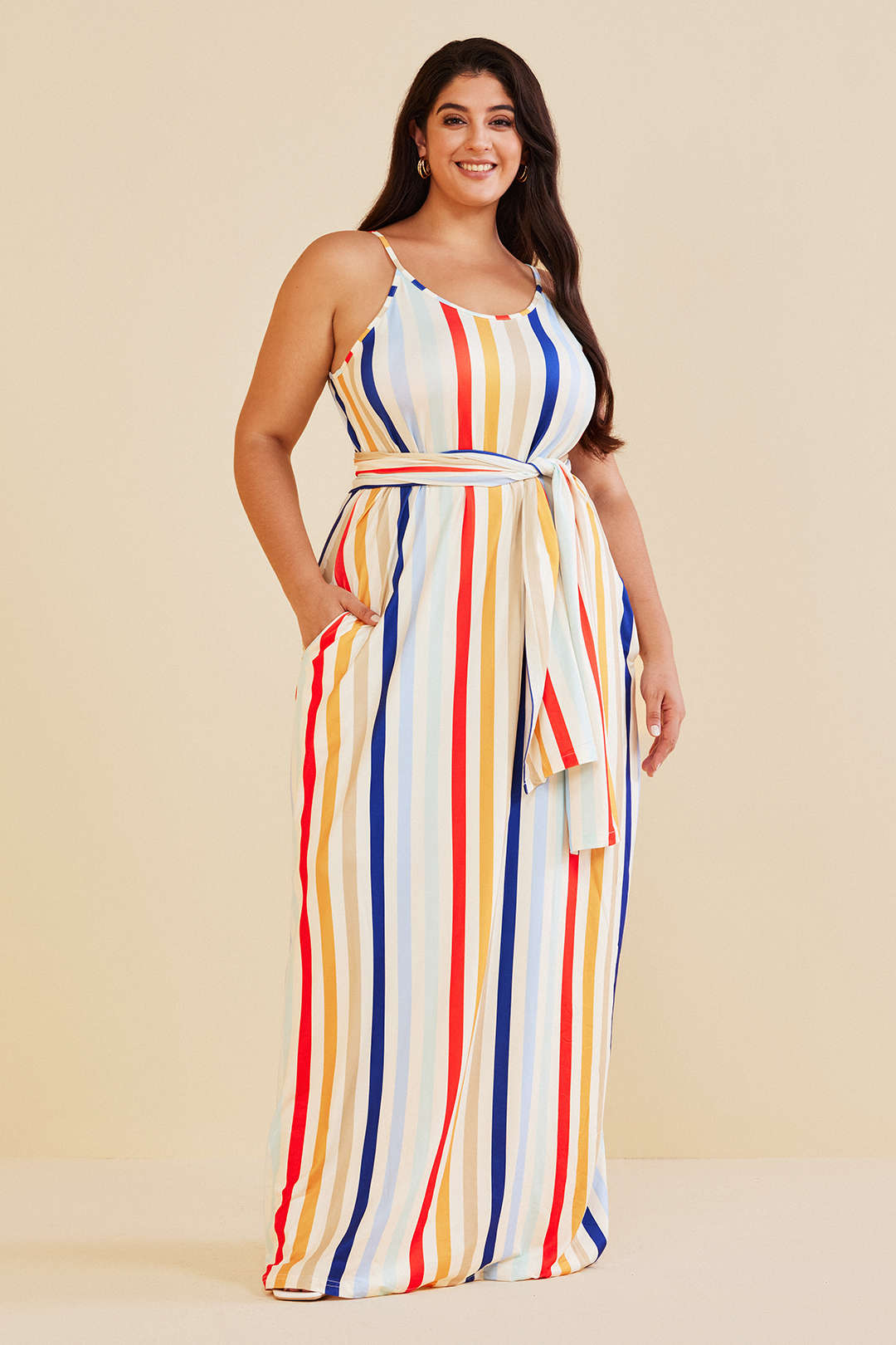 Plus Size Striped Slip Maxi Dress With Waist Tie