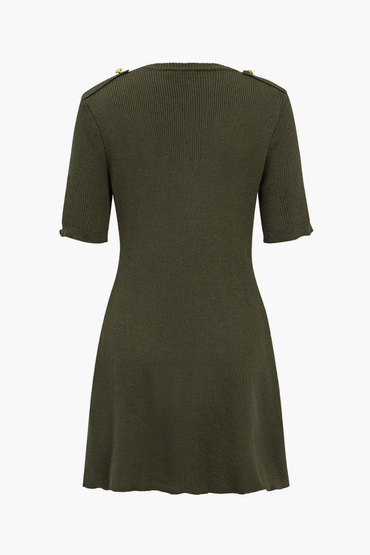 Solid Sweater Button Fake Pockets Mini Dress