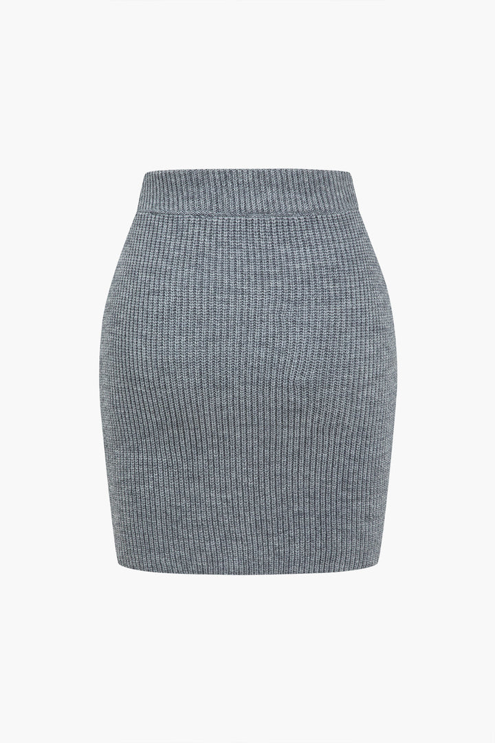 Solid  Knit Button V-neck Top And Mini Skirt Set