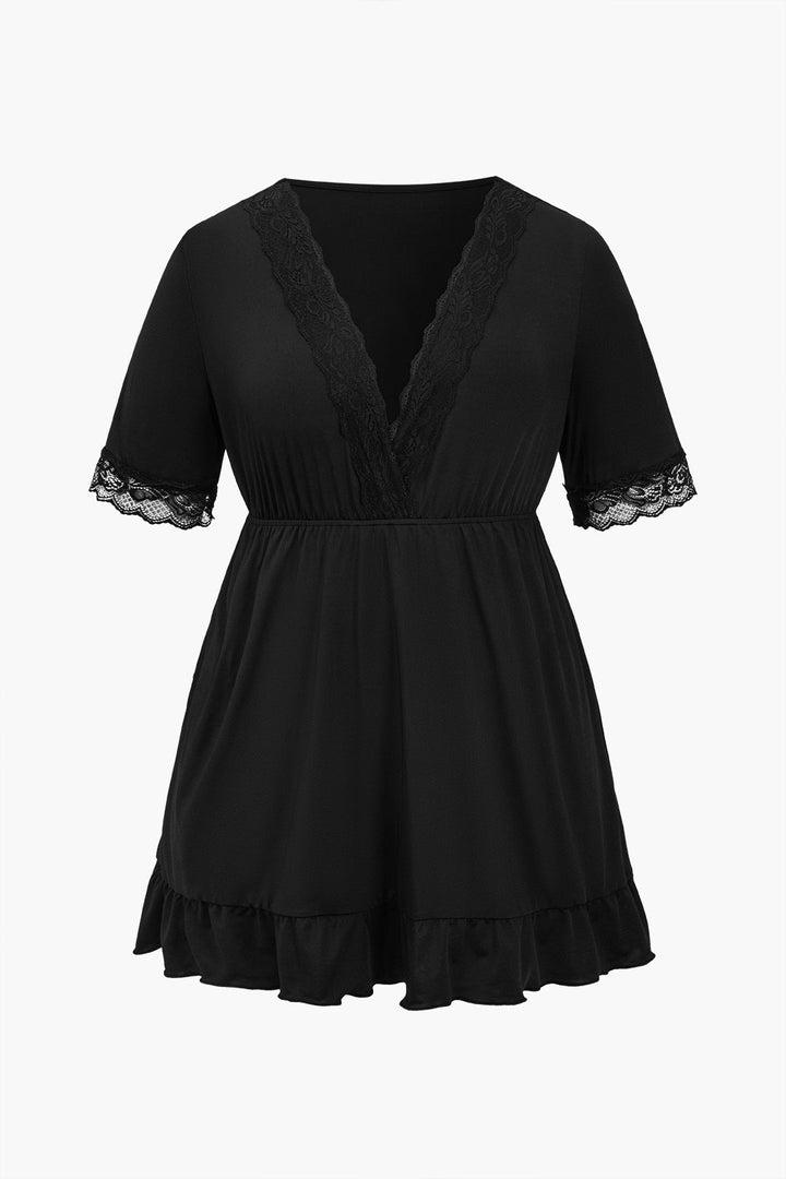 Plus Size Solid V-Neck Lace Edge Night Dress