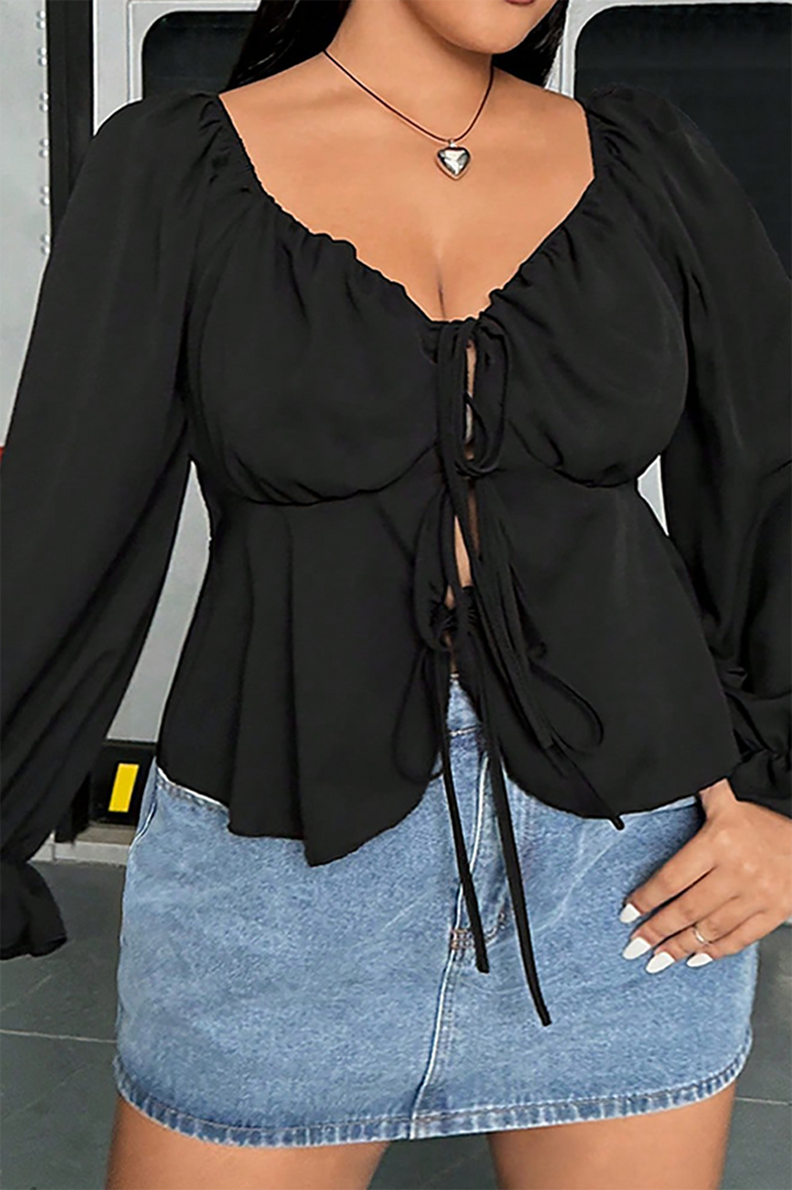 Plus Size Solid Tie-Up Long-Sleeve Shirt