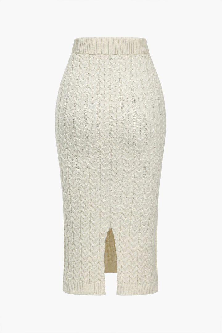 Solid Knit Long Sleeve Top And Slit Skirt Set