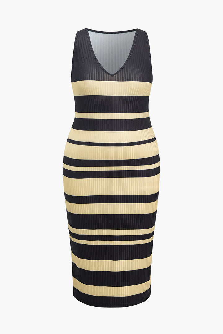 Plus Size Stripe Tank V-neck Midi Dress