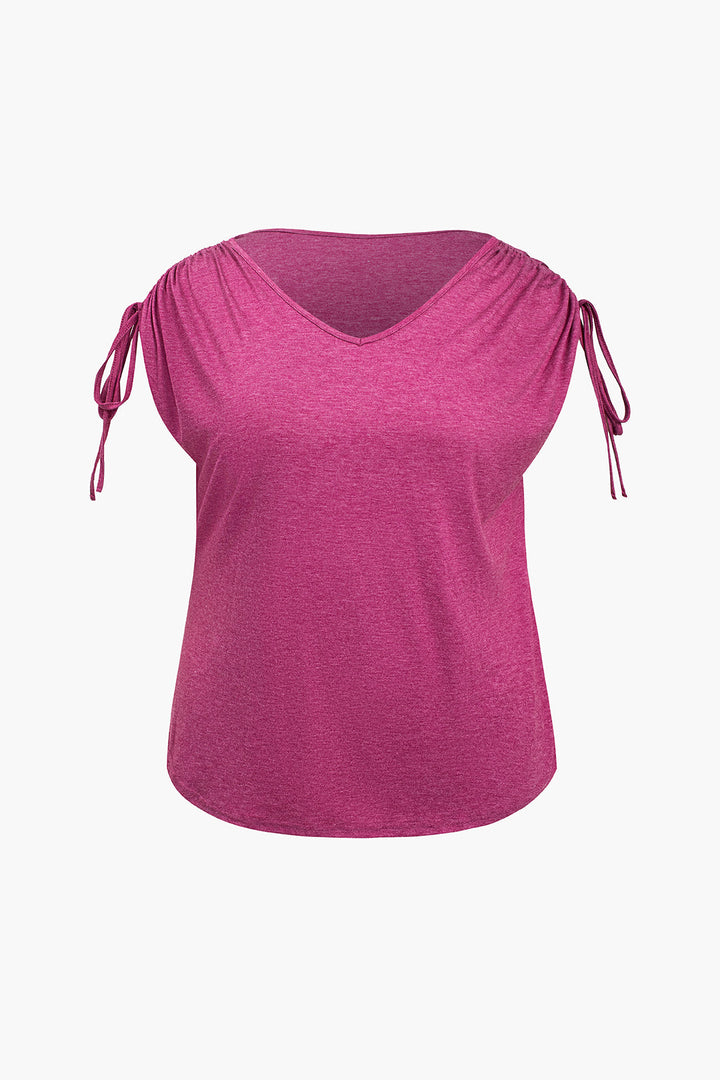 Plus Size Solid Drawstring V-Neck T-Shirt