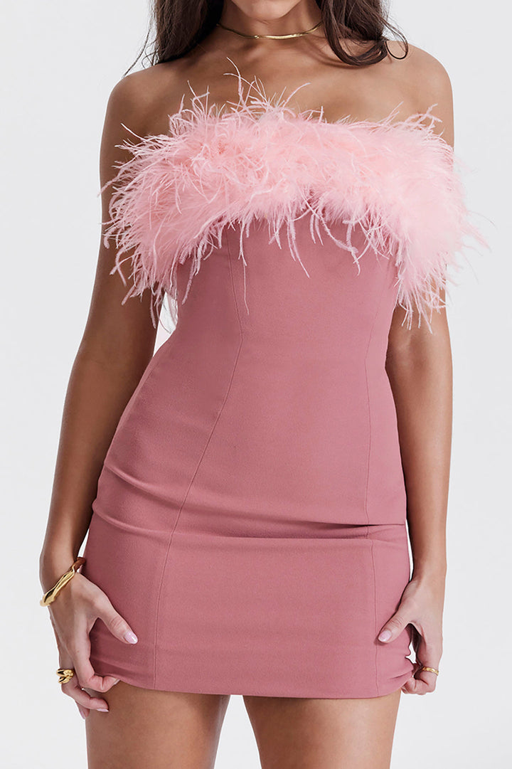 Solid Feather Strapless Mini Dress