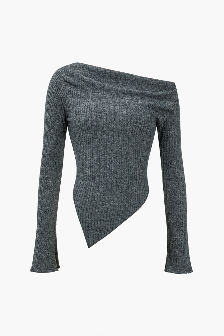 Solid Knit  Asymmetrical Long-Sleeve Top