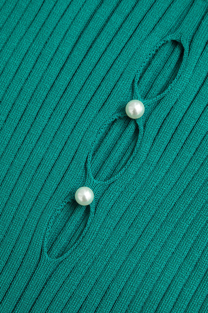 Solid Knit Cut Out Pearls Scallop Edge Dress