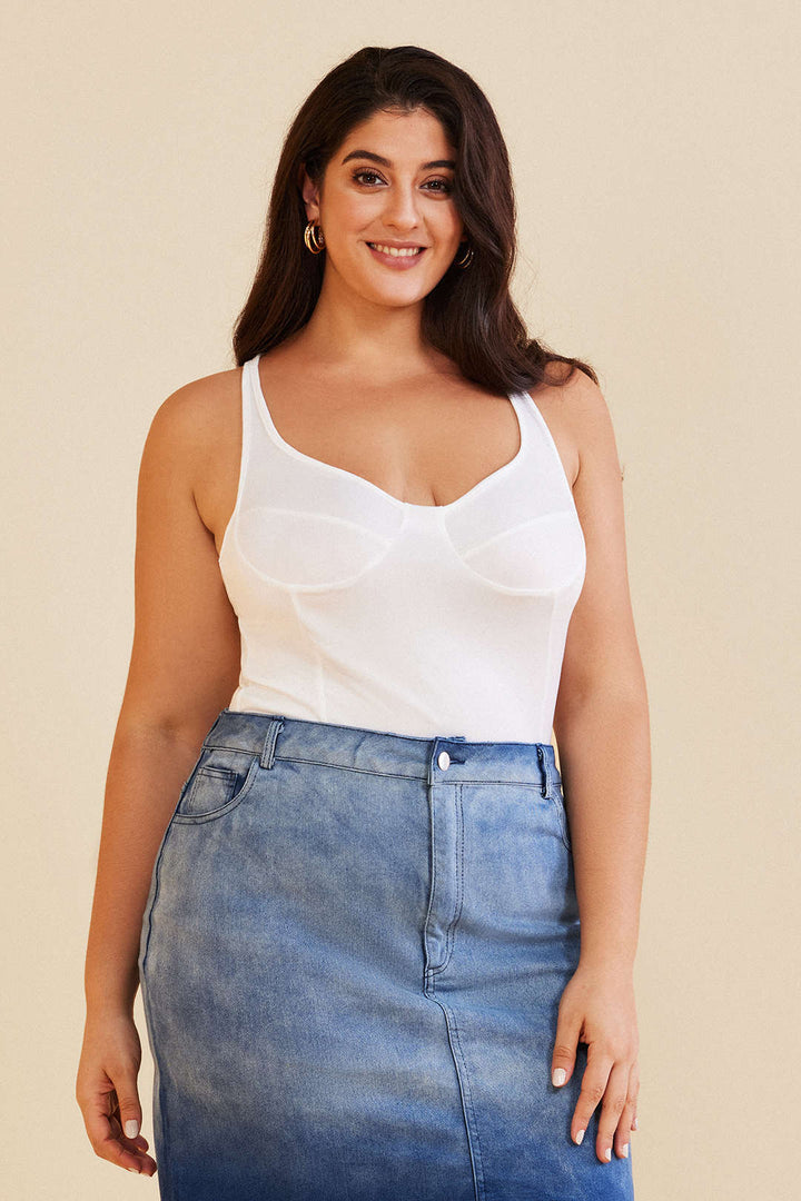 Plus Size Solid Deep-V Neck Bustier Bodysuit