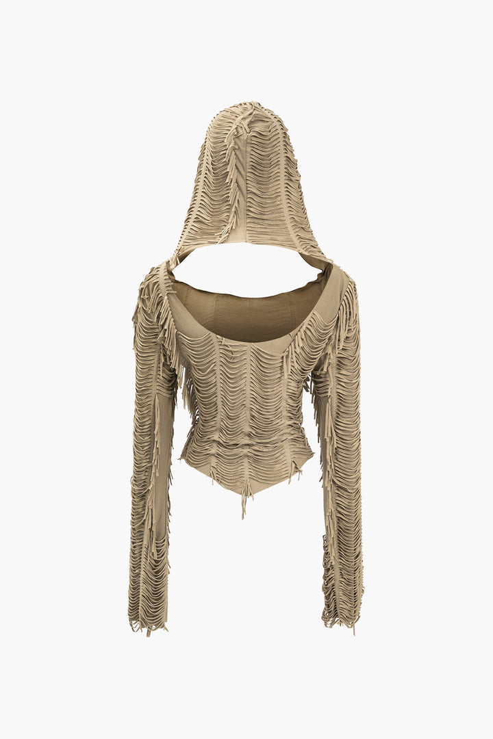 Solid Fringe Long-Sleeve Hooded Top