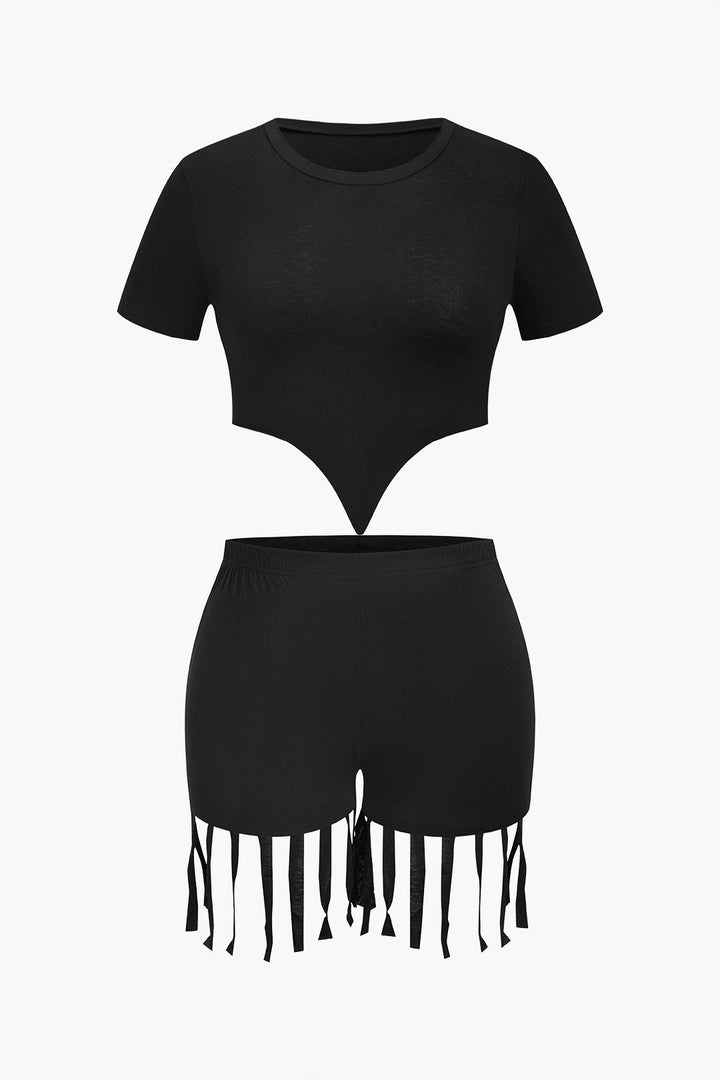Plus Size Top And Fringe Shorts Set