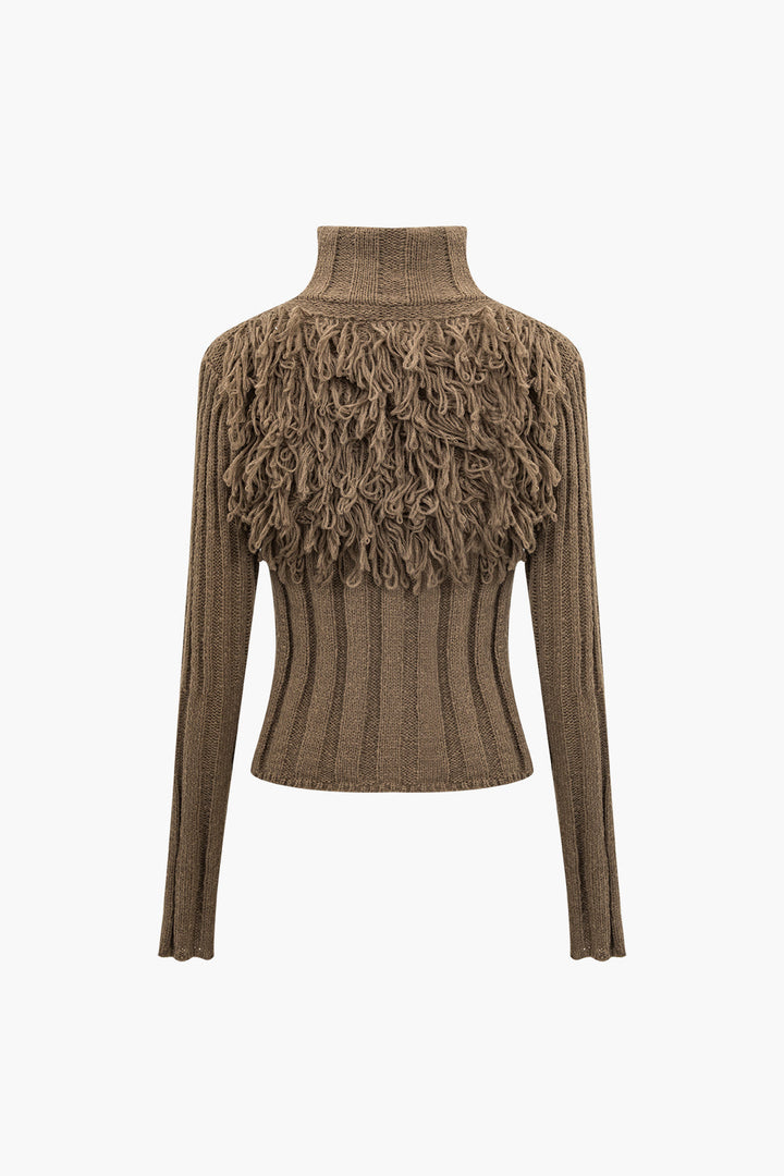 Solid Sweater Fringe Zipper Long-Sleeve Top