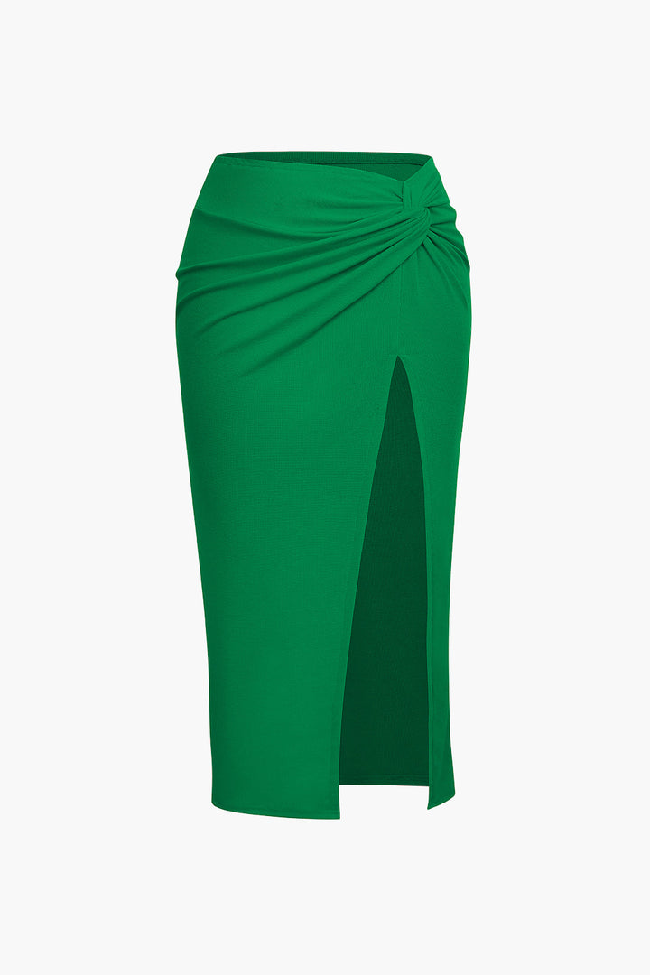 Plus Size Knot Side Slit Knit Midi Skirt