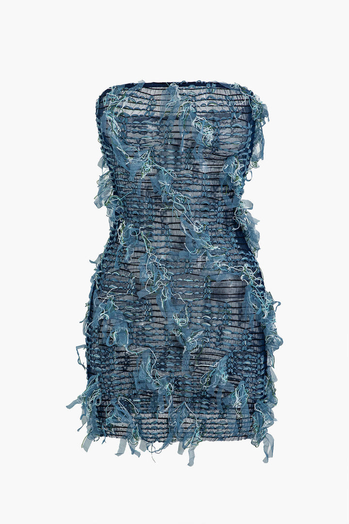 Solid Mesh Stitching Detail Fringe Mini Dress