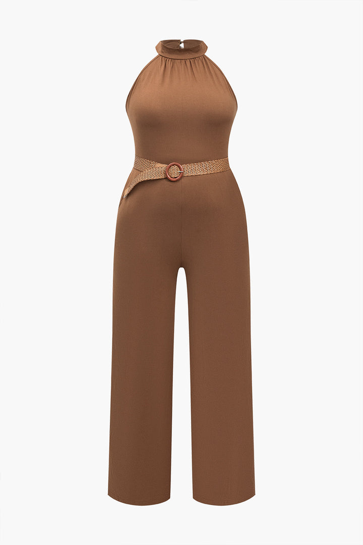 Plus Size Solid Print Belted Jumpsuit