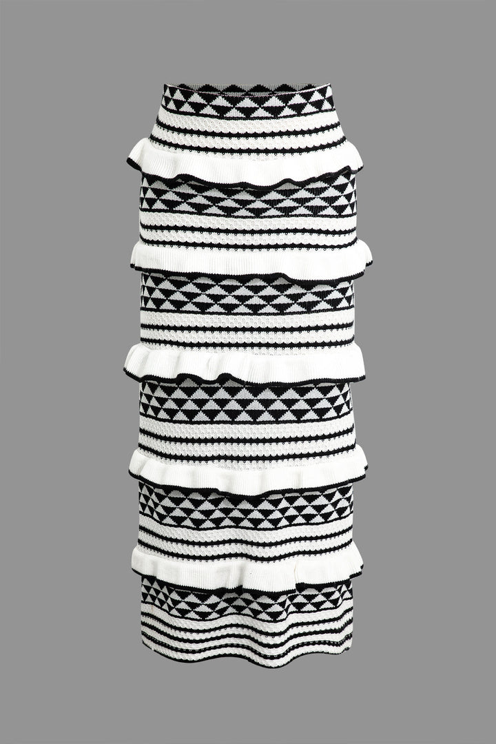 Stripe Tie Bra Top And Tiered Ruffle Knit Midi Skirt Set