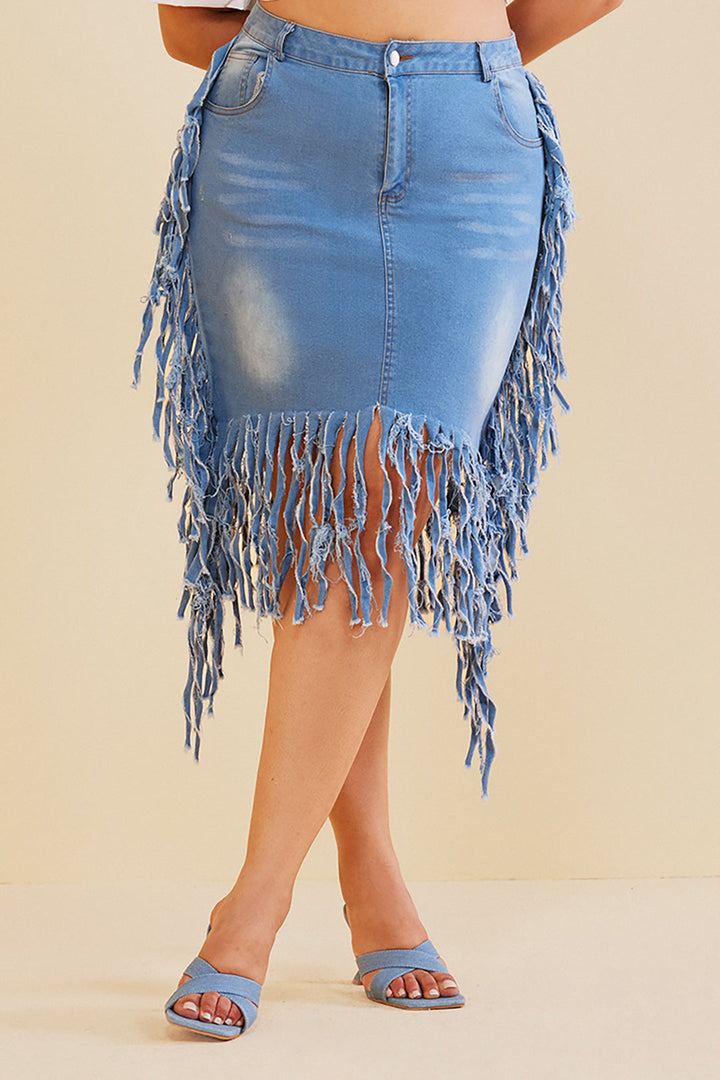 Plus Size Denim Fringe Skirt