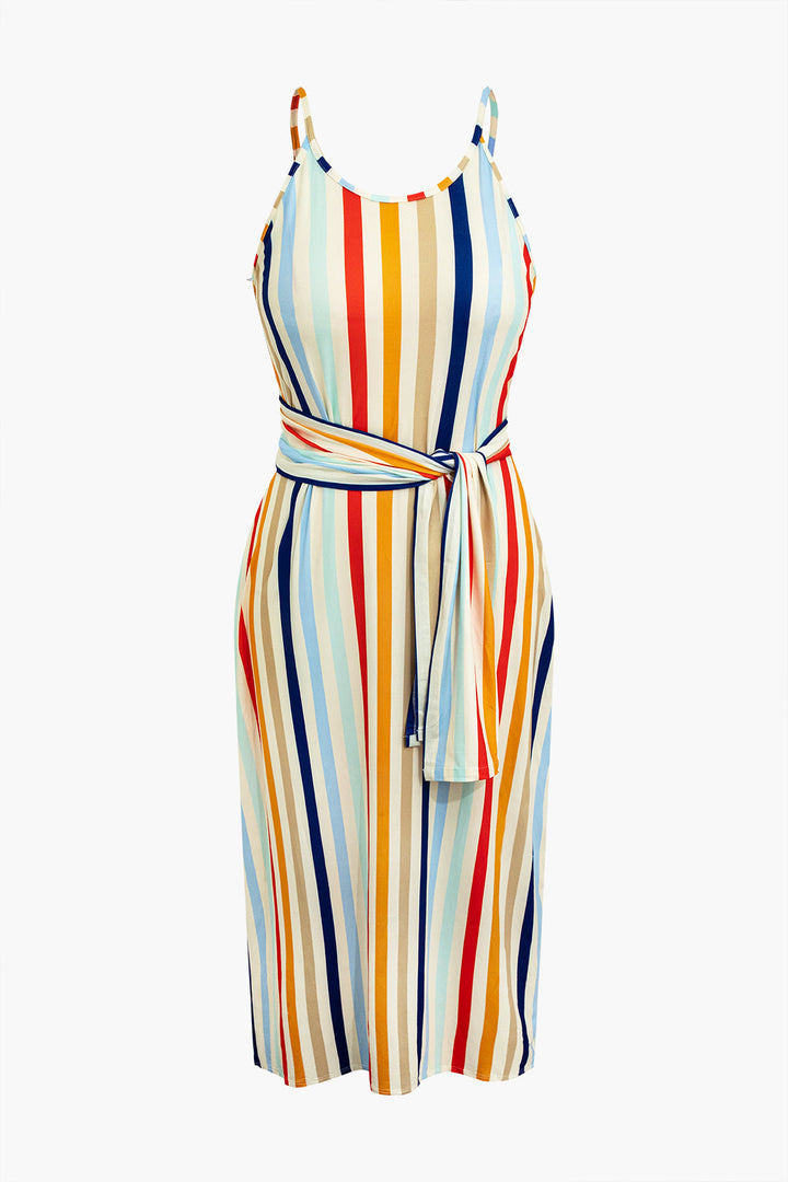 Plus Size Striped Slip Maxi Dress With Waist Tie