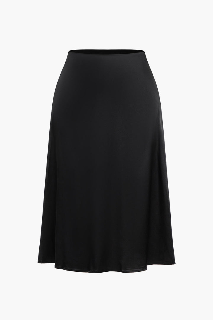 Plus Size Solid Satin High Waist Zipper A-Line Skirt