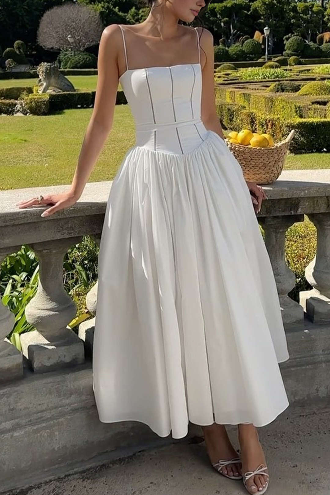 Tie A-line Spaghetti Strap Midi Dress