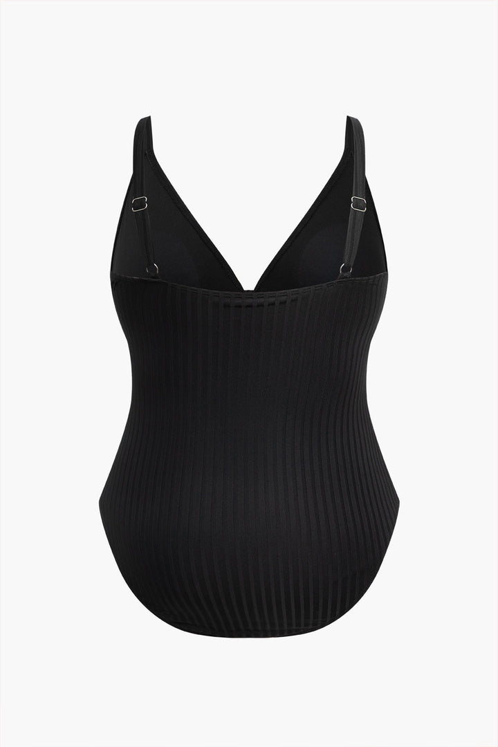 Plus Size Solid Ribbed V-neck One-Piece Swimsuit