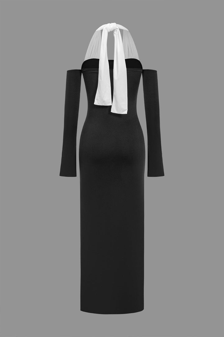 Tie Halter Neck Off Shoulder Slit Maxi Dress