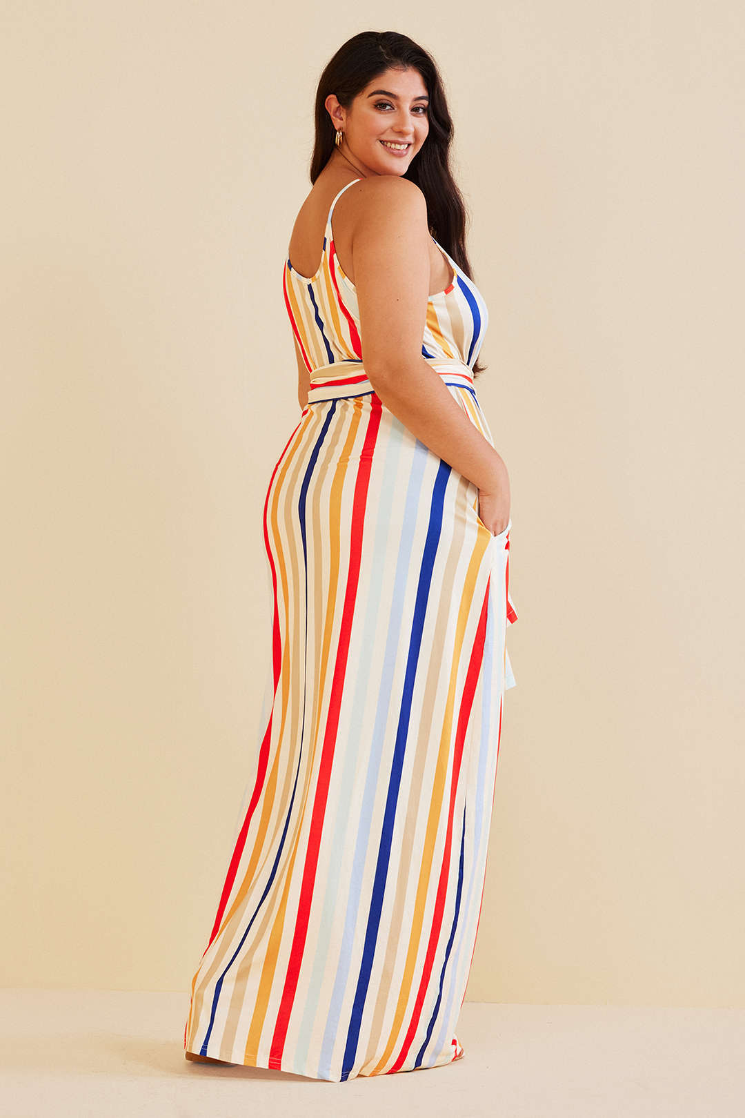 Plus Size Striped Slip Maxi Dress With Waist Tie