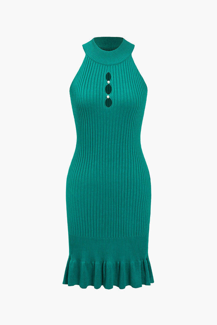 Solid Knit Cut Out Pearls Scallop Edge Dress