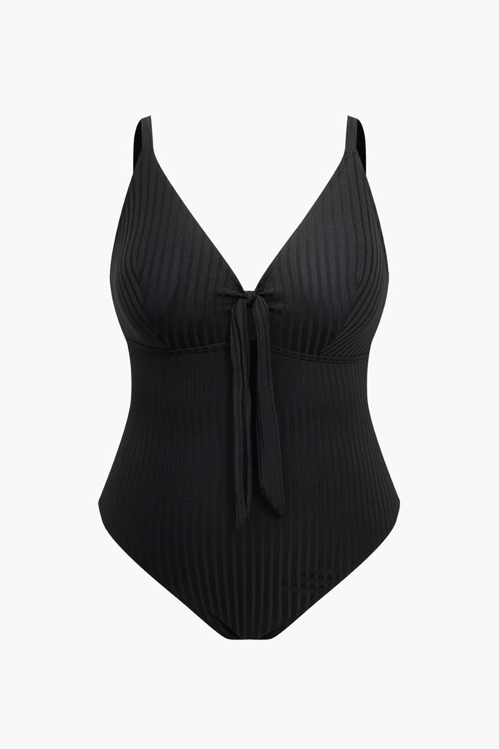 Plus Size Solid Ribbed V-neck One-Piece Swimsuit
