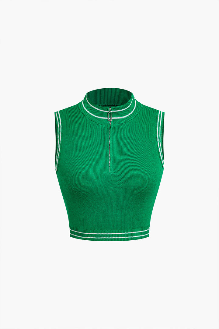 Knit Color Block Zipper Tank Top And Shorts Set