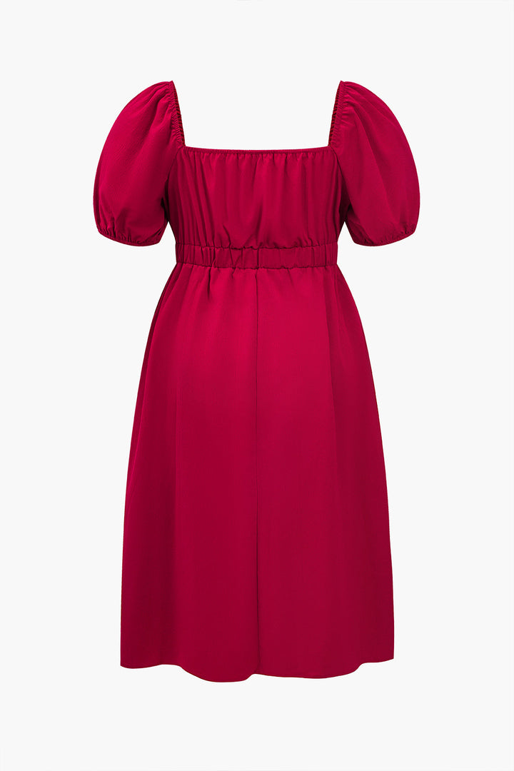 Plus Size Solid Ruched Square Neck Midi Dress