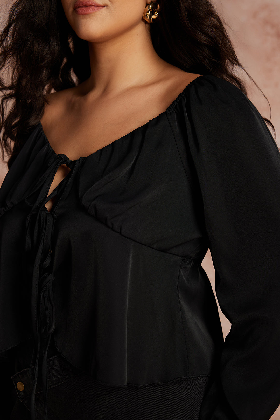 Plus Size Solid Tie-Up Long-Sleeve Shirt