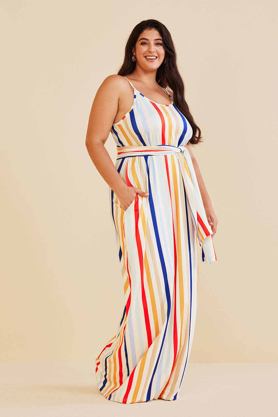 Plus Size Striped Slip Maxi Dress With Waist Tie