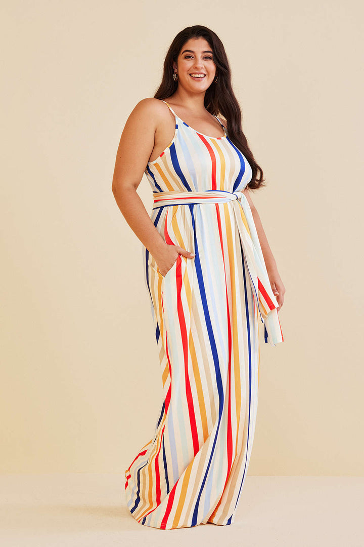Plus Size Striped Slip Maxi Dress With Waist Tie
