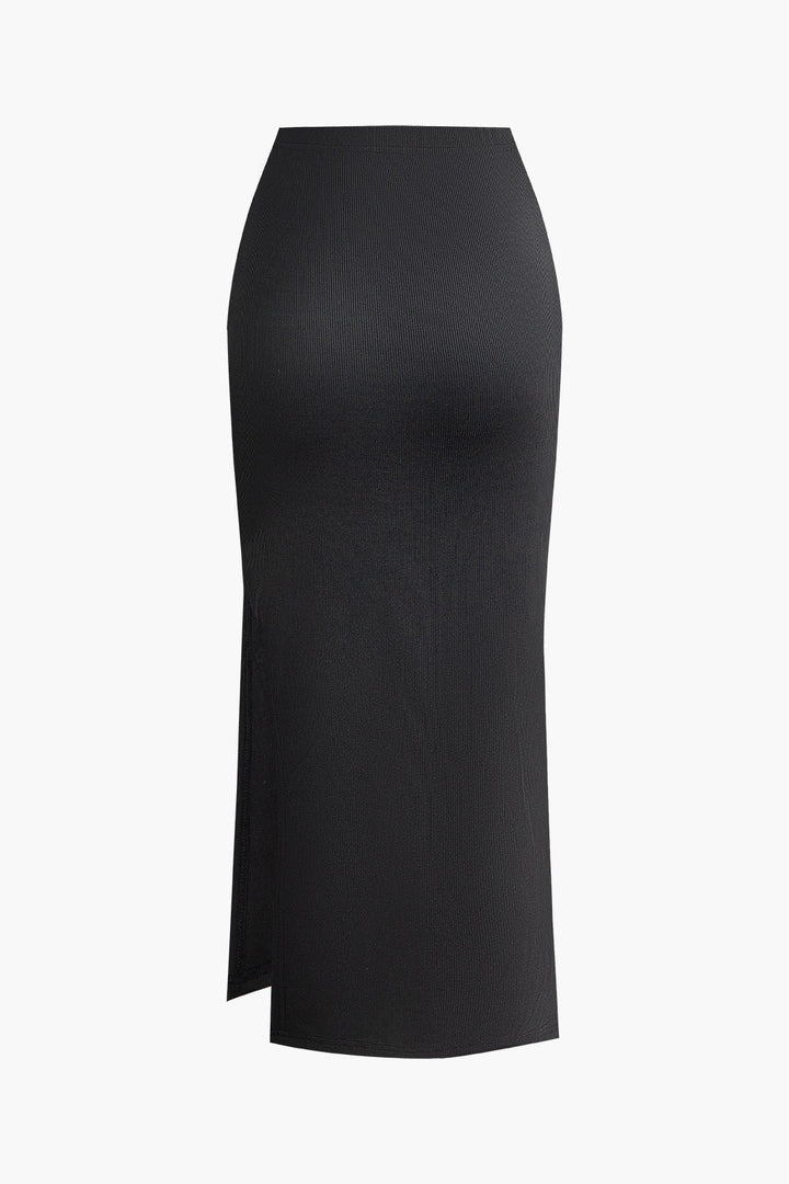 Basic Solid Knit Long Sleeve Crop Top And Split Skirt Set