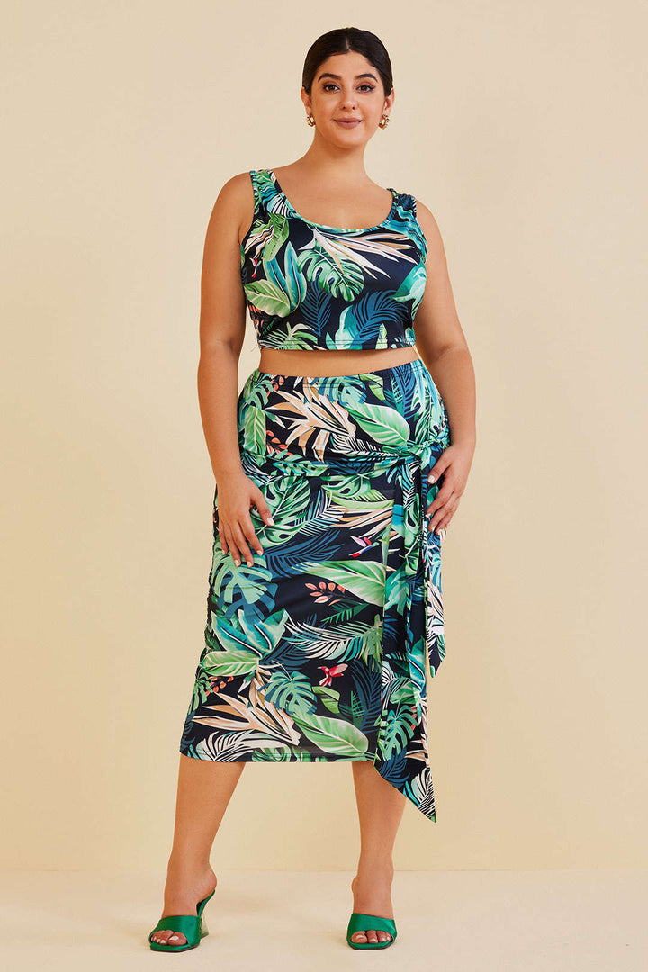 Plus Size Tropical Print Crop Top and Skirt Set