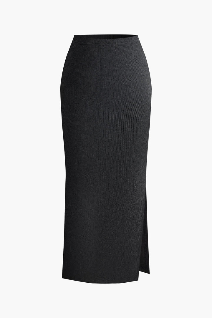 Basic Solid Knit Long Sleeve Crop Top And Split Skirt Set