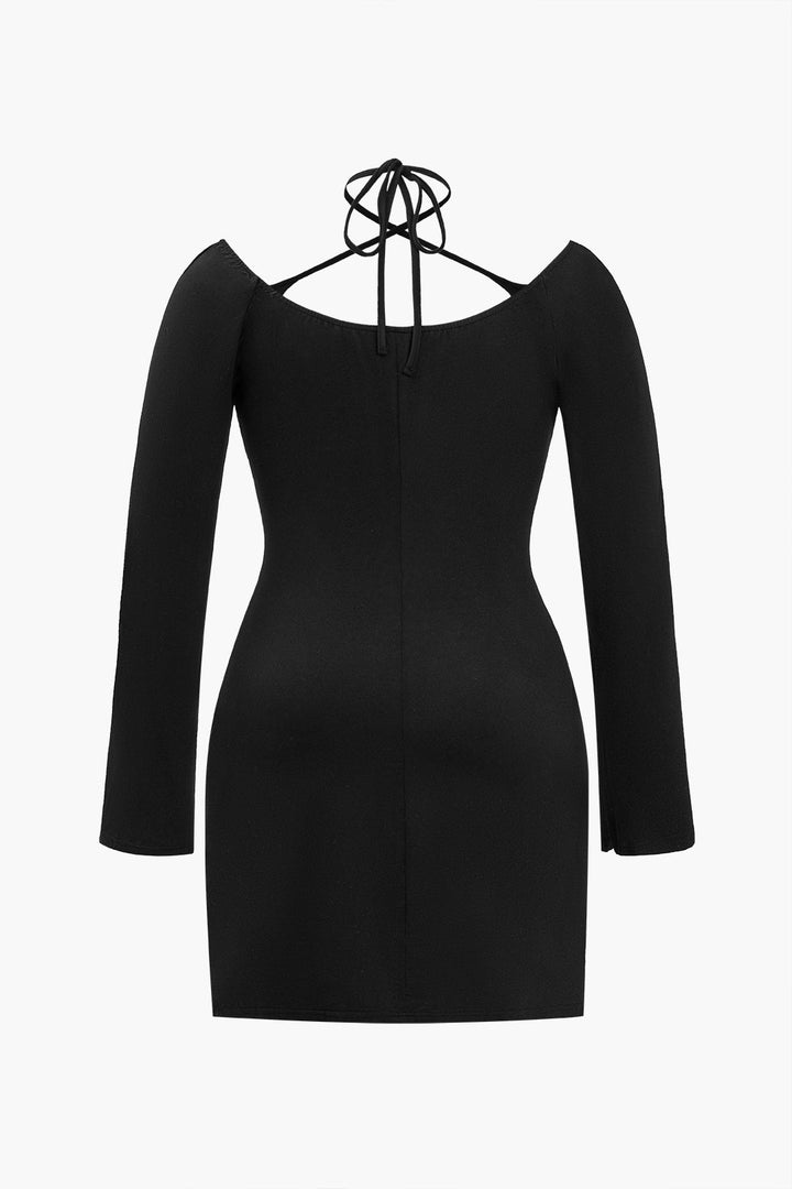Plus Size Solid Halter Neck Crossed Slit Mini Dress