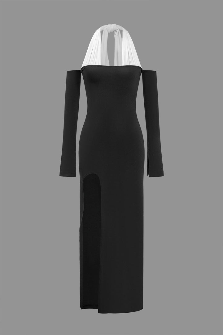 Tie Halter Neck Off Shoulder Slit Maxi Dress