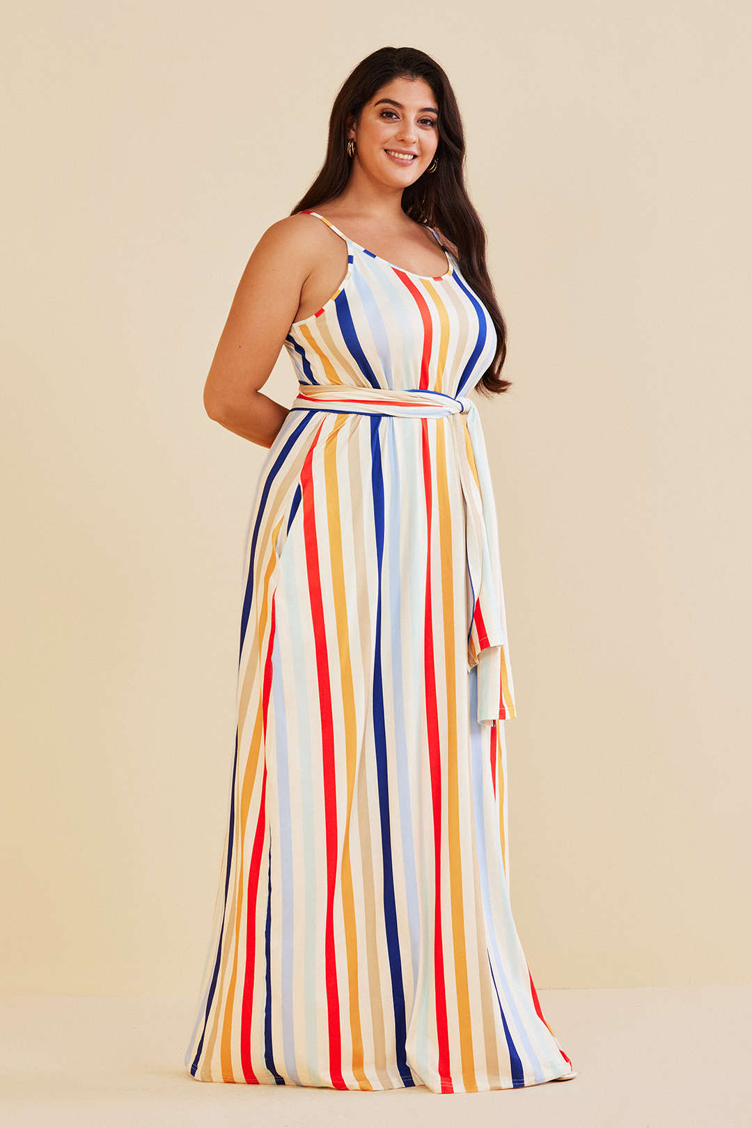 Plus Size Striped Slip Maxi Dress With Waist Tie