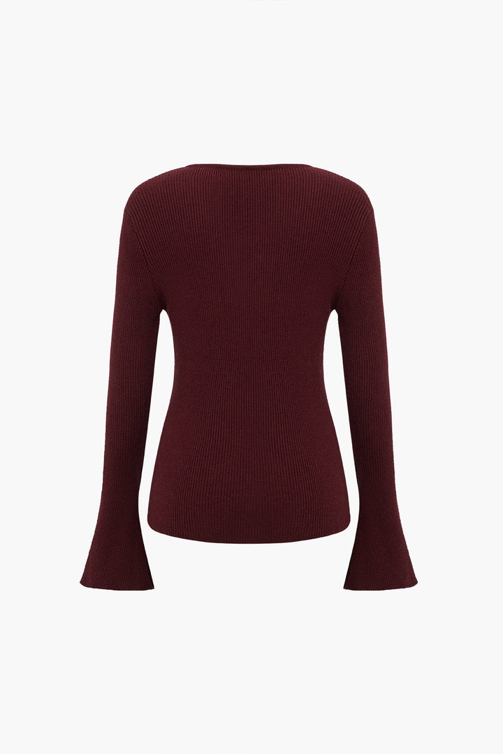 Solid Knit V-Neck Long-Sleeve Top
